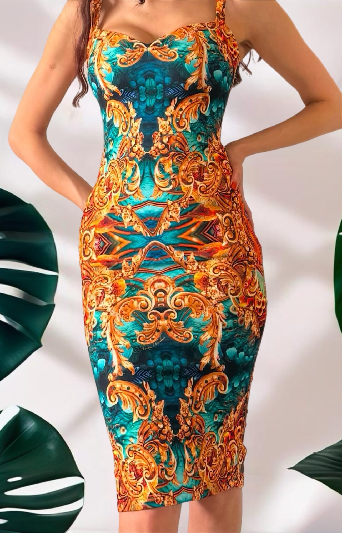 Emily pencil dress in Orange glam print back - Image 2