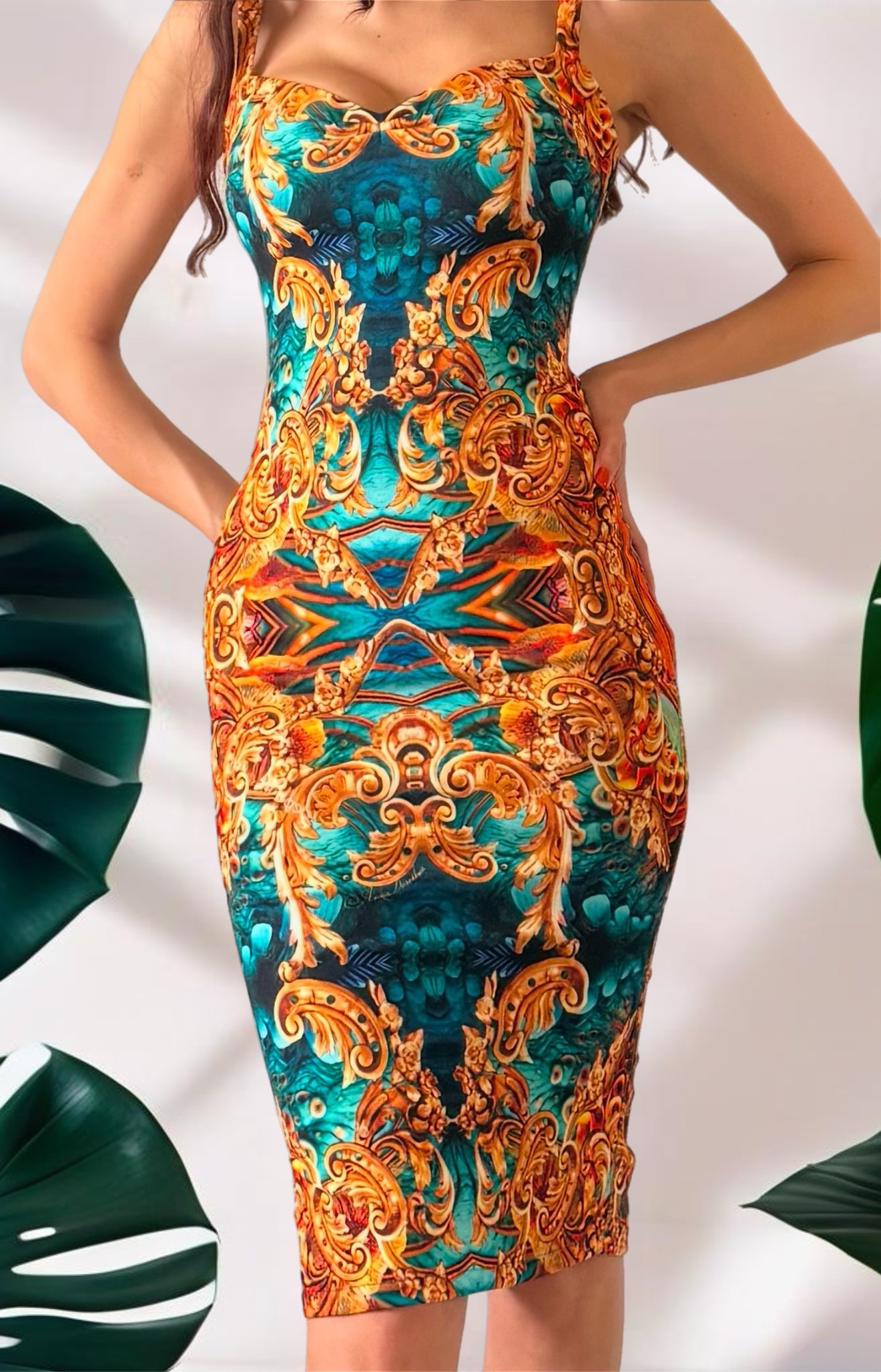 Emily pencil dress in Orange glam print back - Image 2