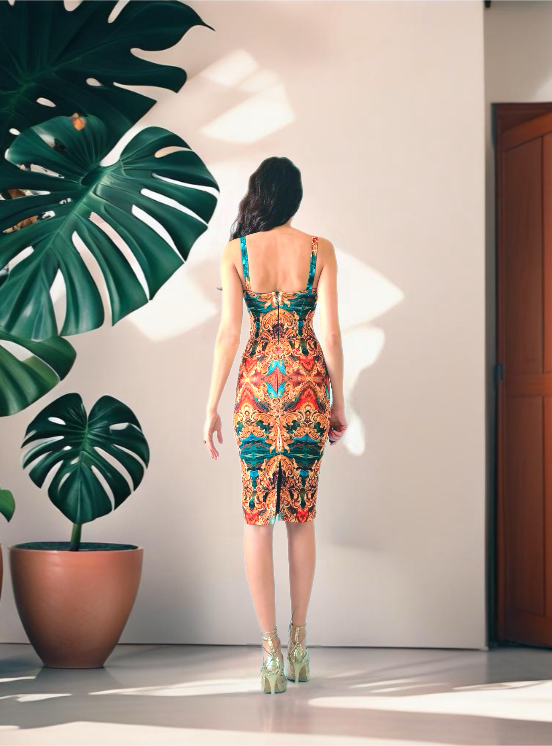 Emily pencil dress in Orange glam print back - Image 3