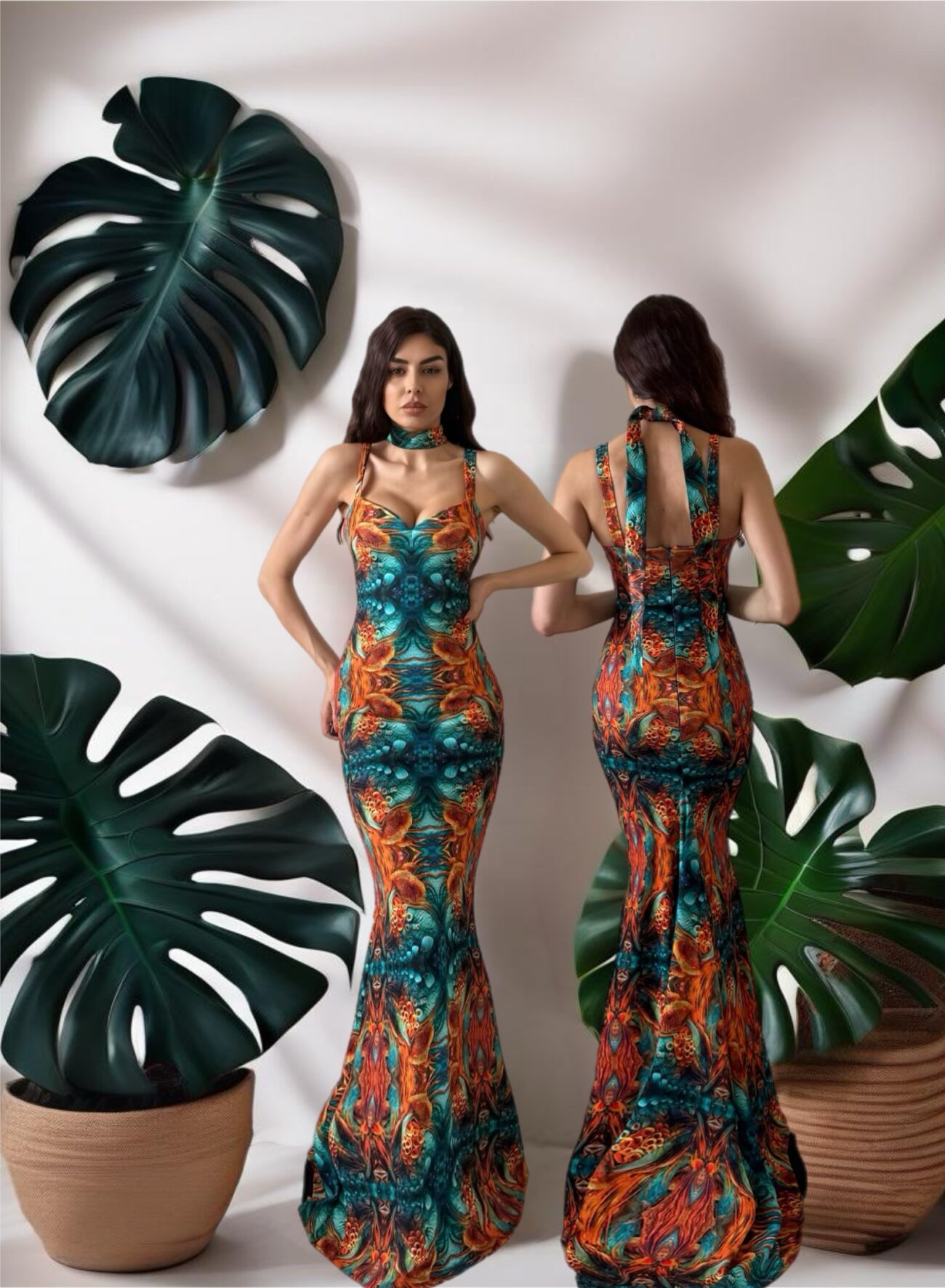 Erana Long Mermaid Dress in Orange Ocean Print