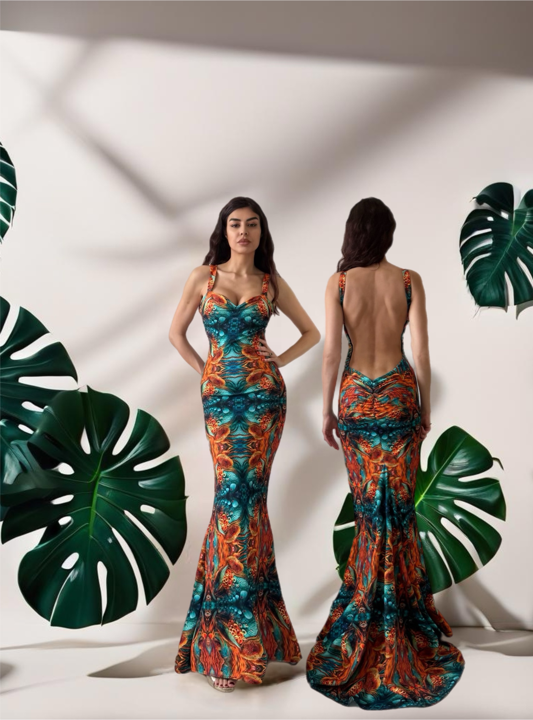 Calista Open Back Mermaid Dress in Orange Ocean Print - Image 2