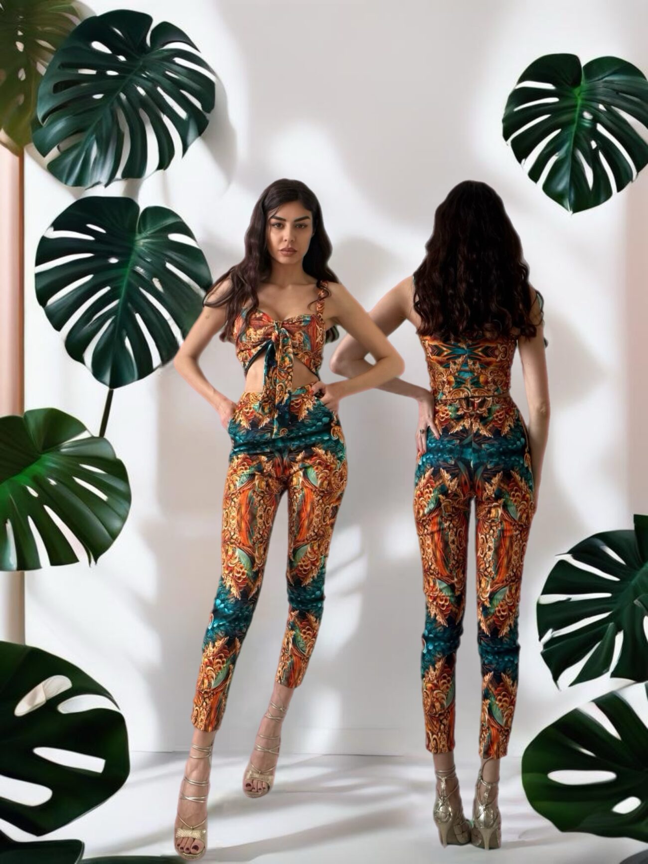 Long pants set in ocean orange print
