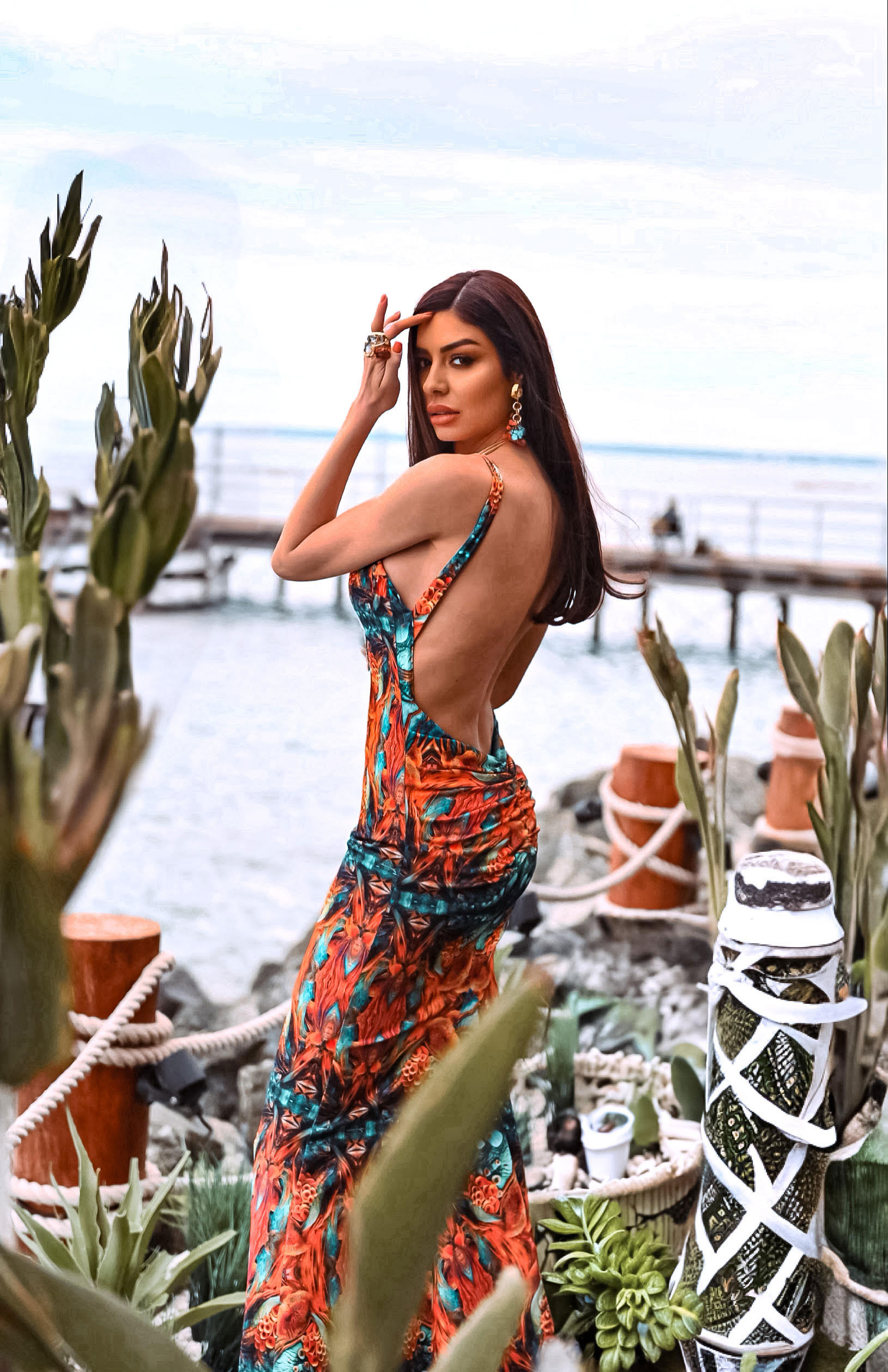 Calista Open Back Mermaid Dress in Orange Ocean Print