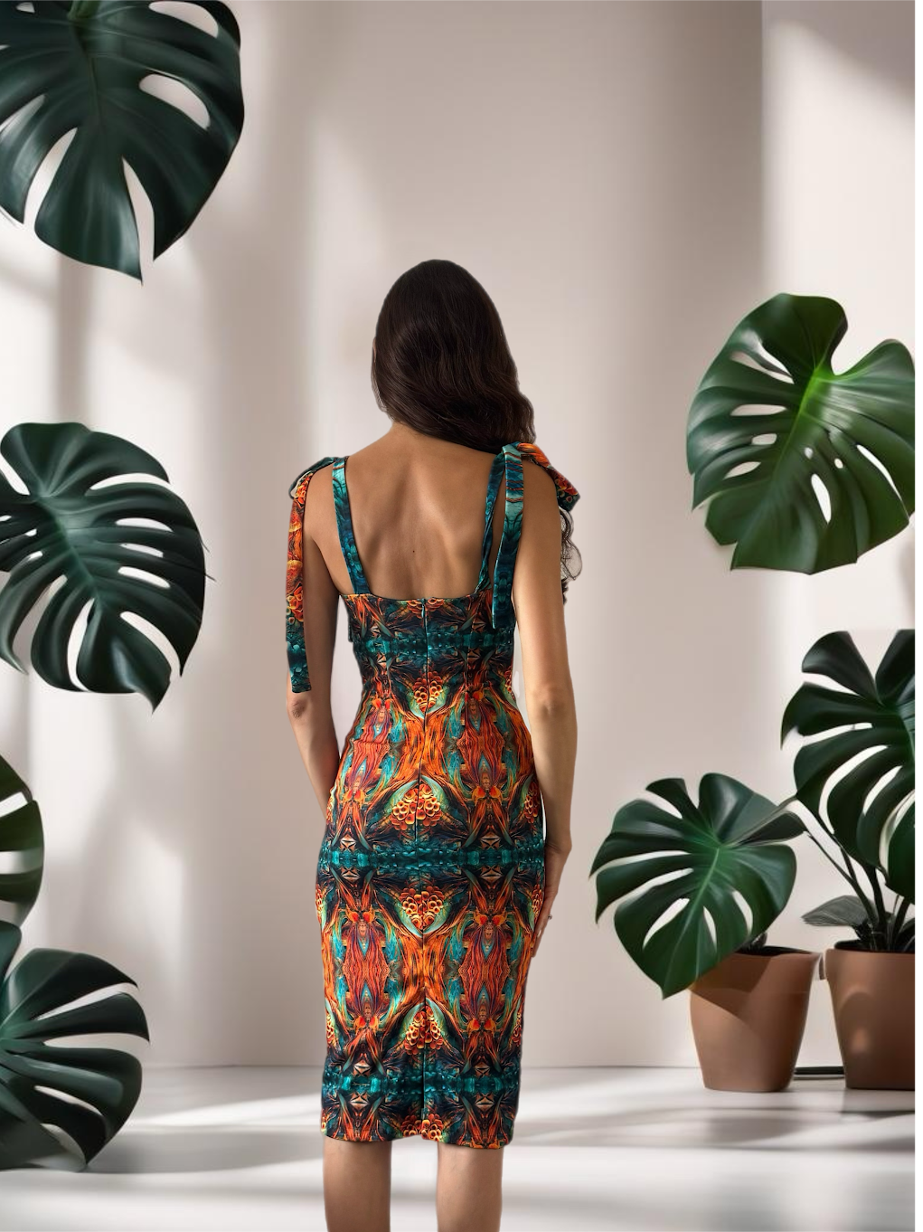 Emily Pencil Dress in Orange Glam Print. - Image 3