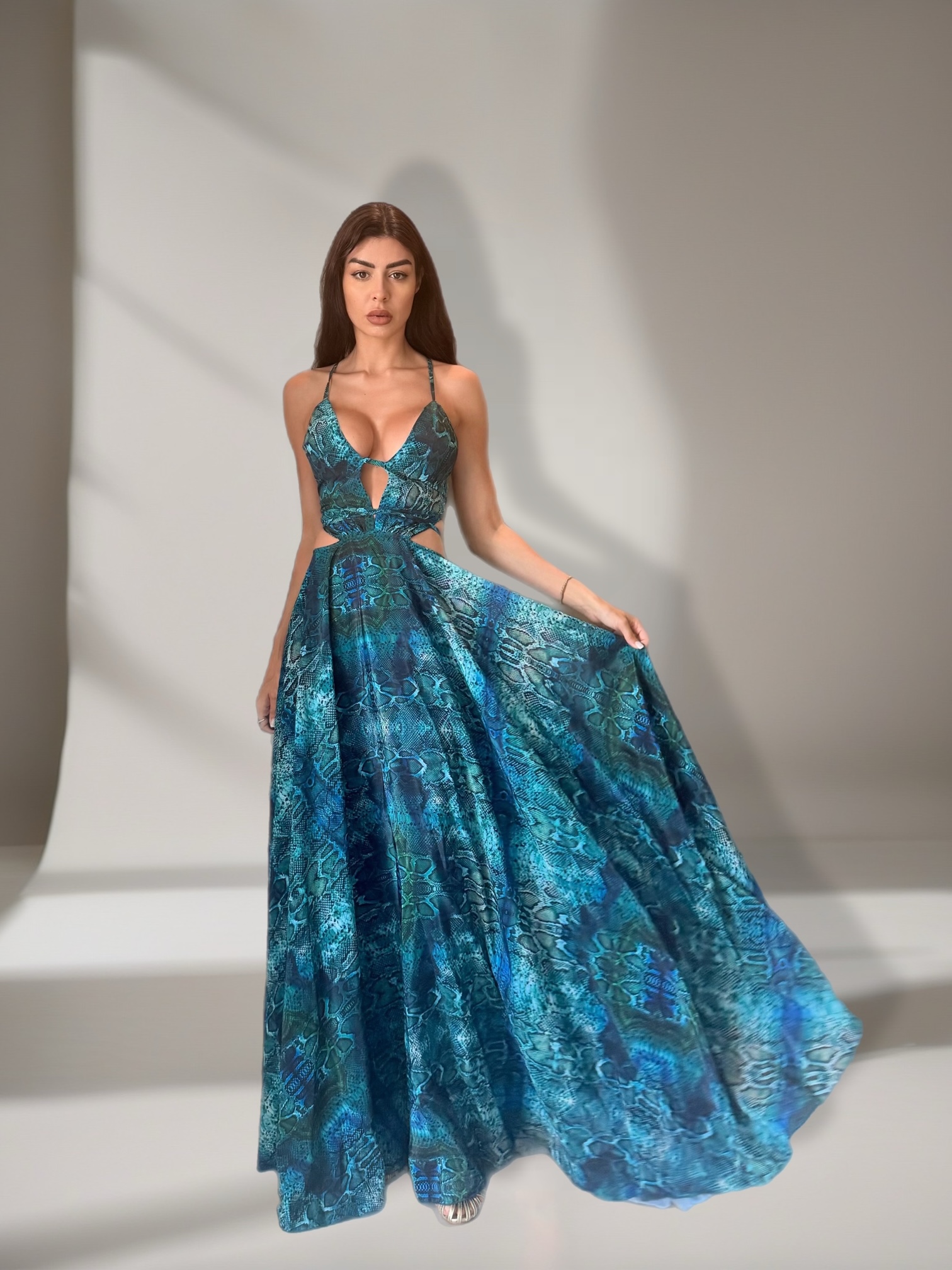 Sirena Long Dress in Aqua Python Print. - Image 2