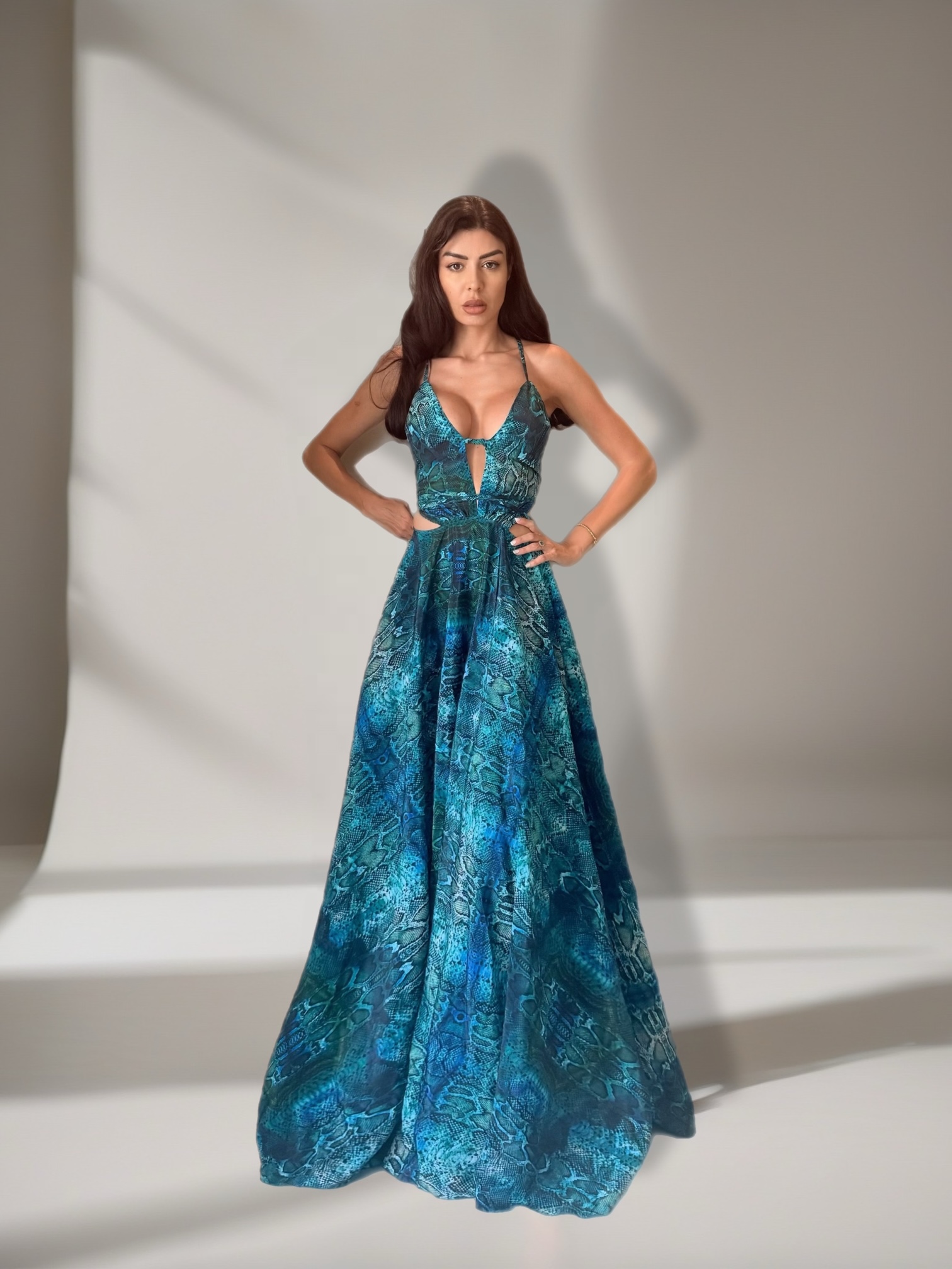 Sirena Long Dress in Aqua Python Print.