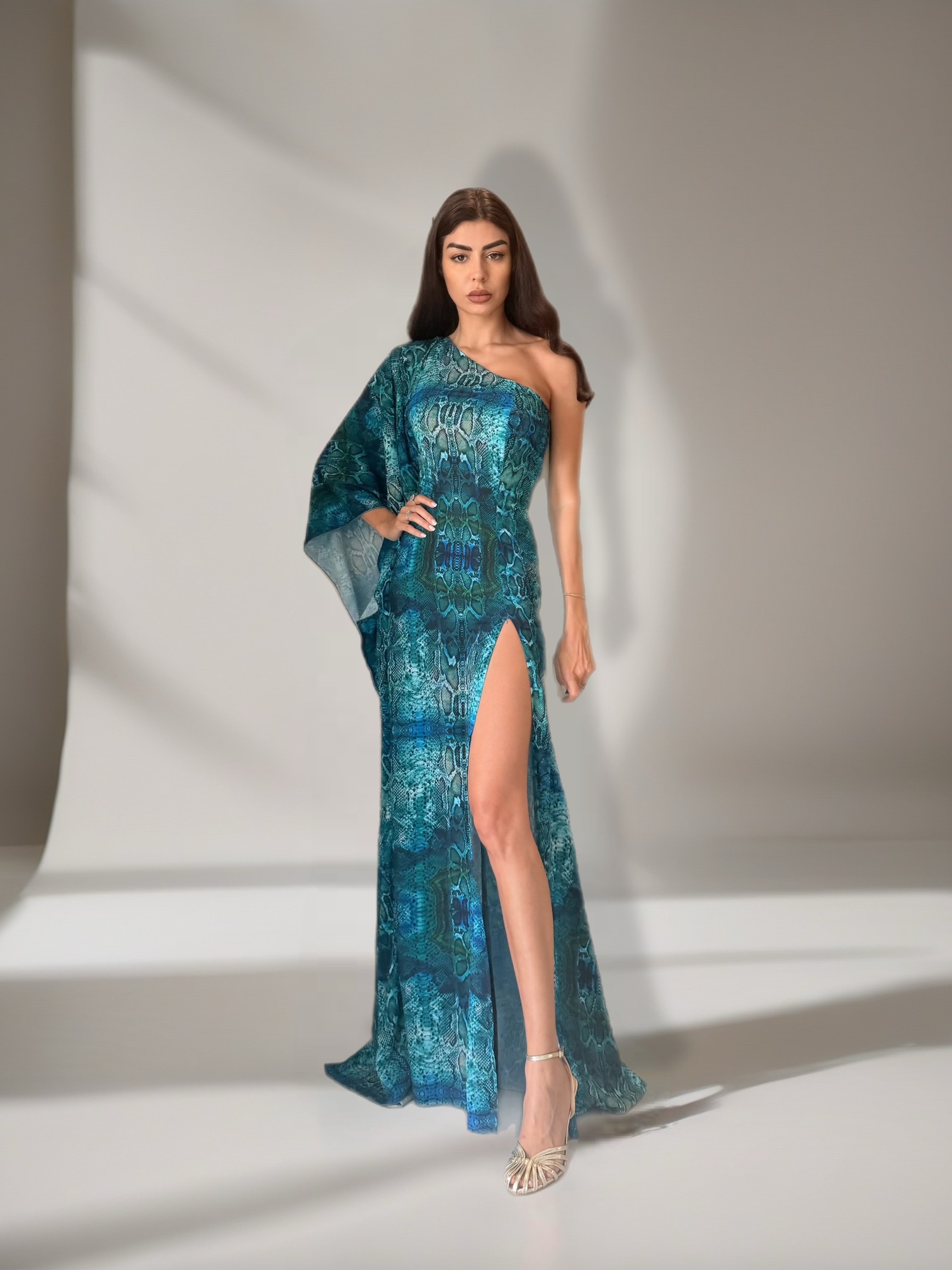 Elysian Long Chiffon Dress in Aqua Python Print. - Image 2