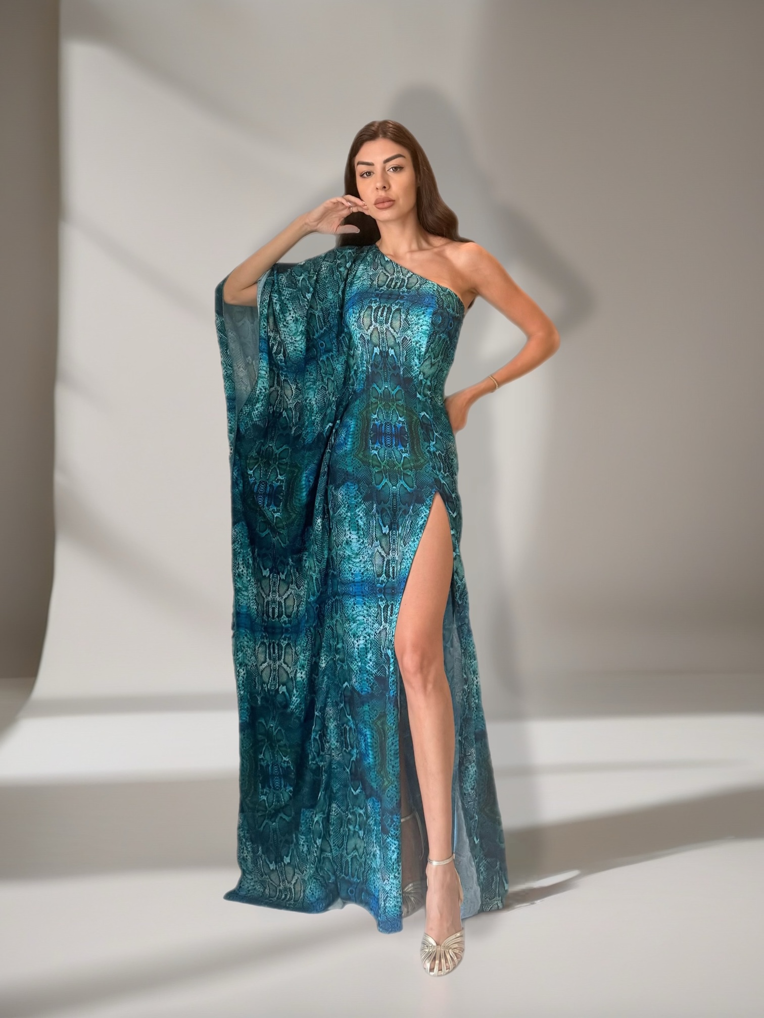Elysian Long Chiffon Dress in Aqua Python Print.