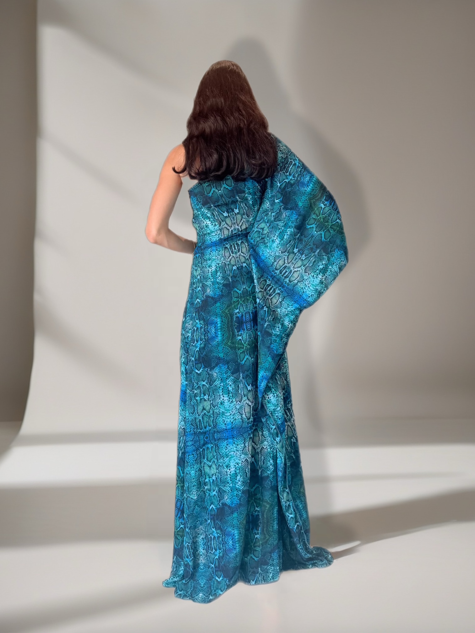 Elysian Long Chiffon Dress in Aqua Python Print. - Image 3